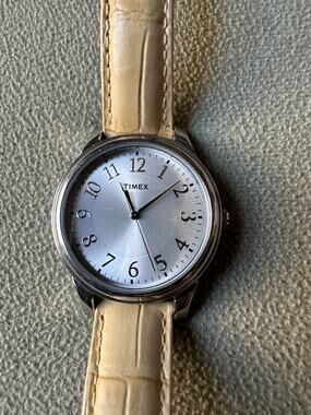 Women's Timex Croc Embossed Beige Leather Band Silver Tone Face T2P128